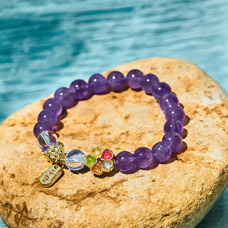 Fortune Jewel Natural Amethyst White Crystal Flower Healing Safe And Well Charm Bracelet Fortune Jewel