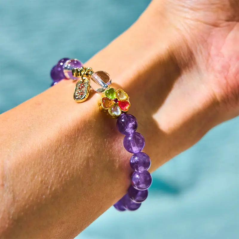 Fortune Jewel Natural Amethyst White Crystal Flower Healing Safe And Well Charm Bracelet Fortune Jewel