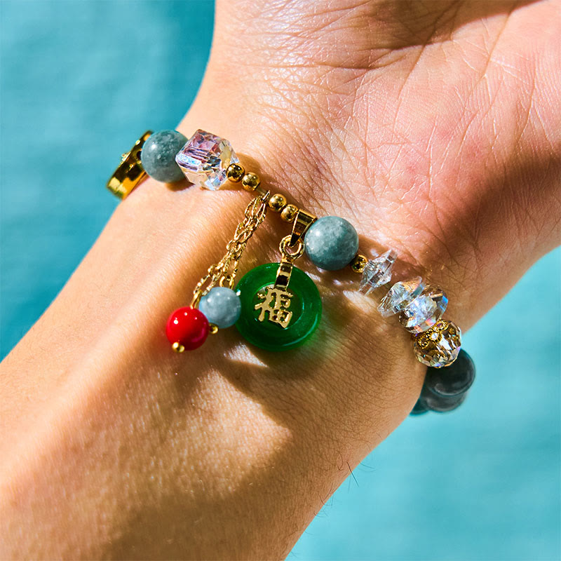 Fortune Jewel Strawberry Quartz Jade Fu Character Charm Healing Bracelet