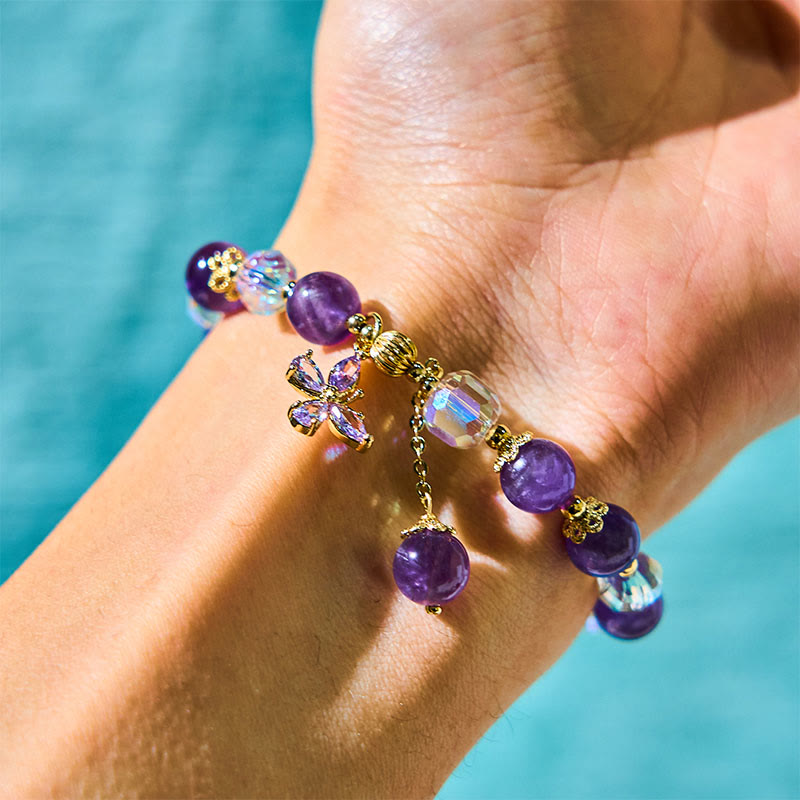 Fortune Jewel Natural Amethyst Crystal Spiritual Butterfly Charm Bracelet