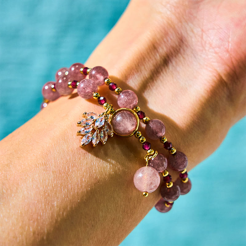 Fortune Jewel Natural Strawberry Quartz Love Healing Maple Leaf Charm Double Wrap Bracelet