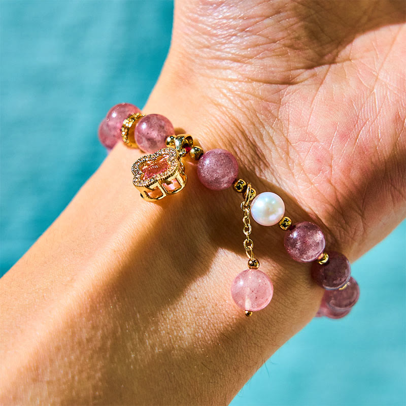 Fortune Jewel Strawberry Quartz Pearl Four Leaf Clover Charm Healing Bracelet