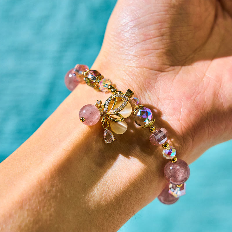 Fortune Jewel Natural Strawberry Quartz Butterfly Healing Bracelet