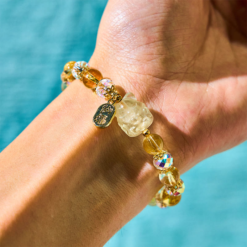 Fortune Jewel Natural Citrine White Crystal Nine Tailed Fox Attracting Wealth Charm Energy Bracelet