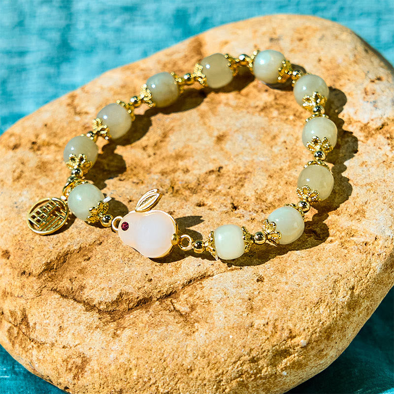 Fortune Jewel Natural Hetian Jade Fu Character Fu Brand Rabbit Abundance Bracelet