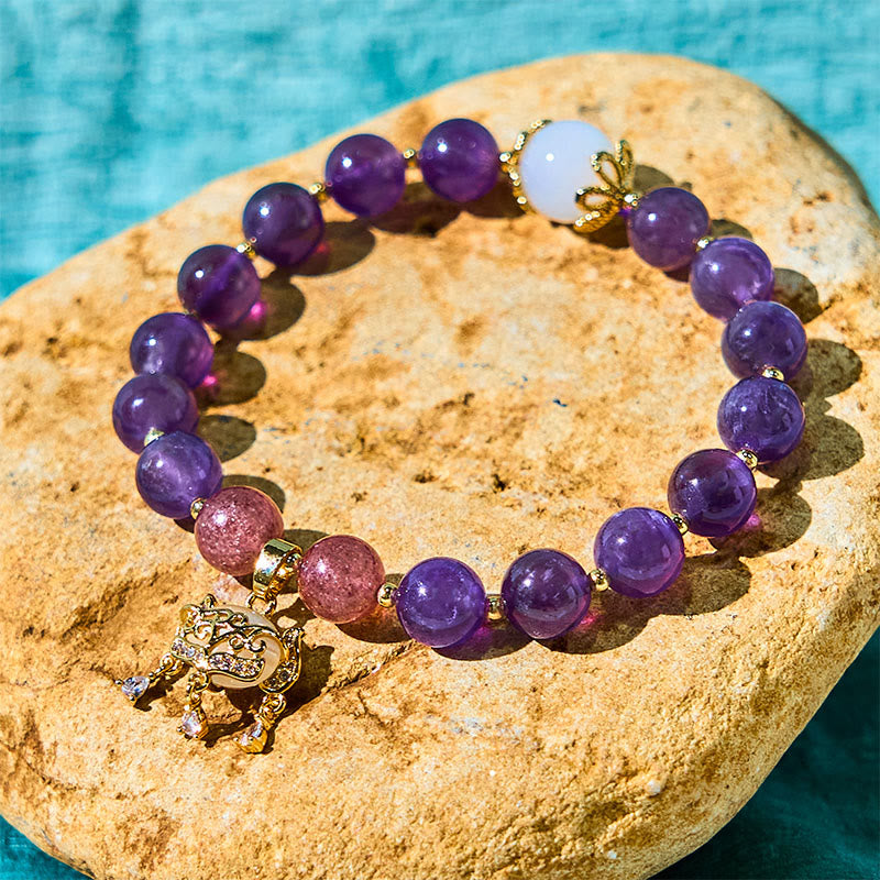 Fortune Jewel Natural Amethyst Strawberry Quartz Peace Lock Charm Positive Bracelet