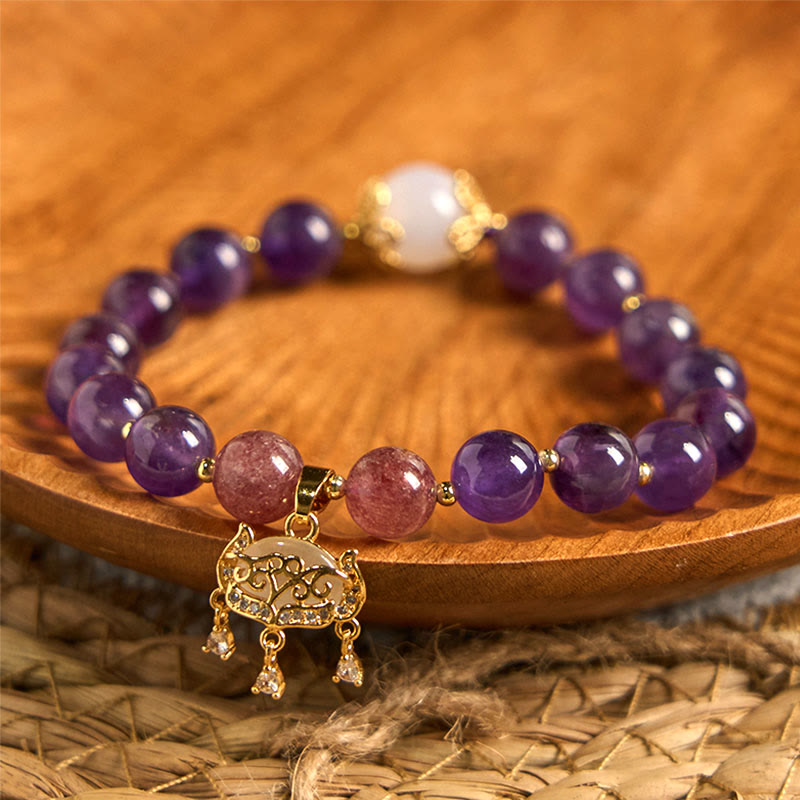Fortune Jewel Natural Amethyst Strawberry Quartz Peace Lock Charm Positive Bracelet