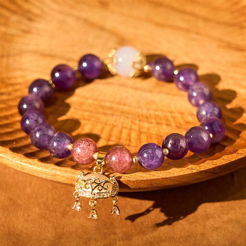 Fortune Jewel Natural Amethyst Strawberry Quartz Peace Lock Charm Positive Bracelet