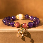 Fortune Jewel Natural Amethyst Strawberry Quartz Peace Lock Charm Positive Bracelet