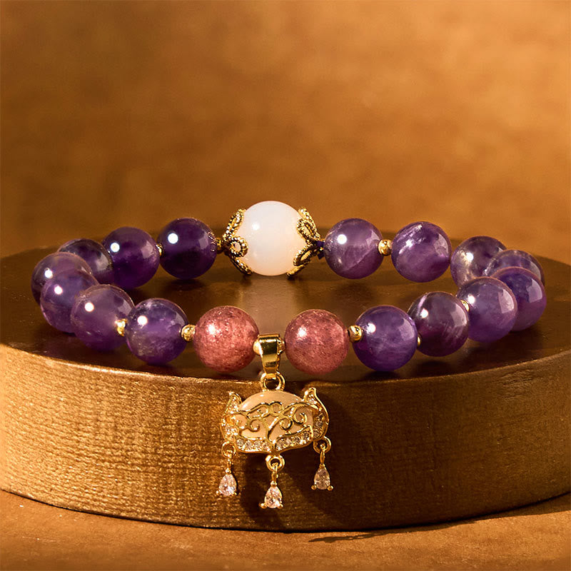 Fortune Jewel Natural Amethyst Strawberry Quartz Peace Lock Charm Positive Bracelet
