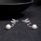 Fortune Jewel 925 Sterling Silver Zircon Pearl Bamboo Leaves Protection Drop Earrings