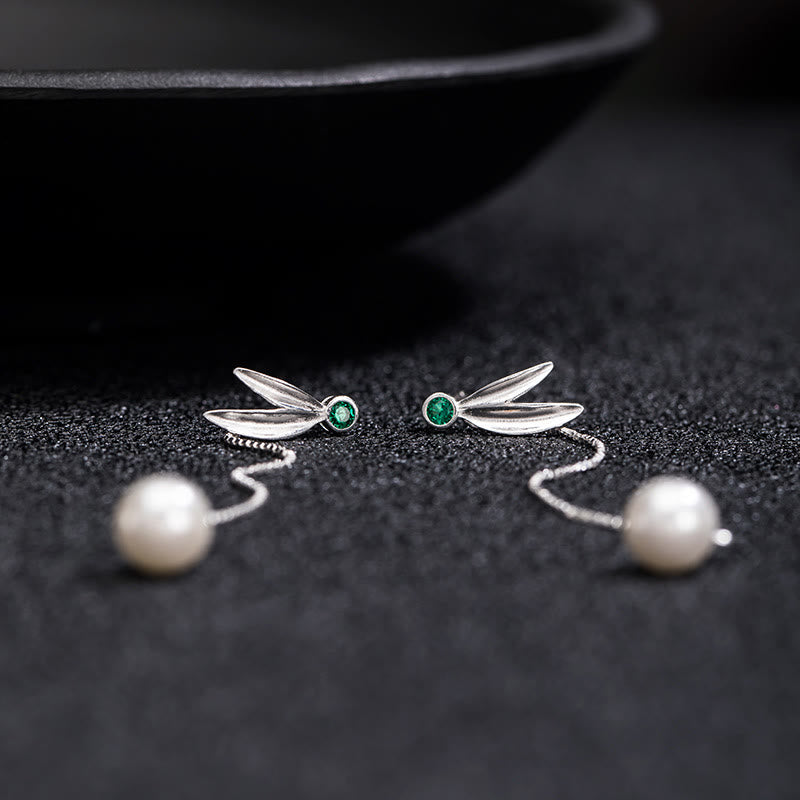 Fortune Jewel 925 Sterling Silver Zircon Pearl Bamboo Leaves Protection Drop Earrings