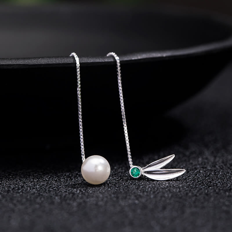 Fortune Jewel 925 Sterling Silver Zircon Pearl Bamboo Leaves Protection Drop Earrings