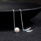 Fortune Jewel 925 Sterling Silver Zircon Pearl Bamboo Leaves Protection Drop Earrings