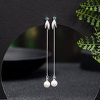 Fortune Jewel 925 Sterling Silver Zircon Pearl Bamboo Leaves Protection Drop Earrings