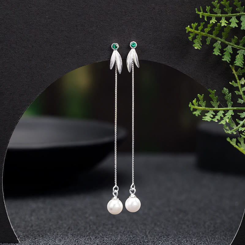 Fortune Jewel 925 Sterling Silver Zircon Pearl Bamboo Leaves Protection Drop Earrings