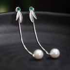 Fortune Jewel 925 Sterling Silver Zircon Pearl Bamboo Leaves Protection Drop Earrings