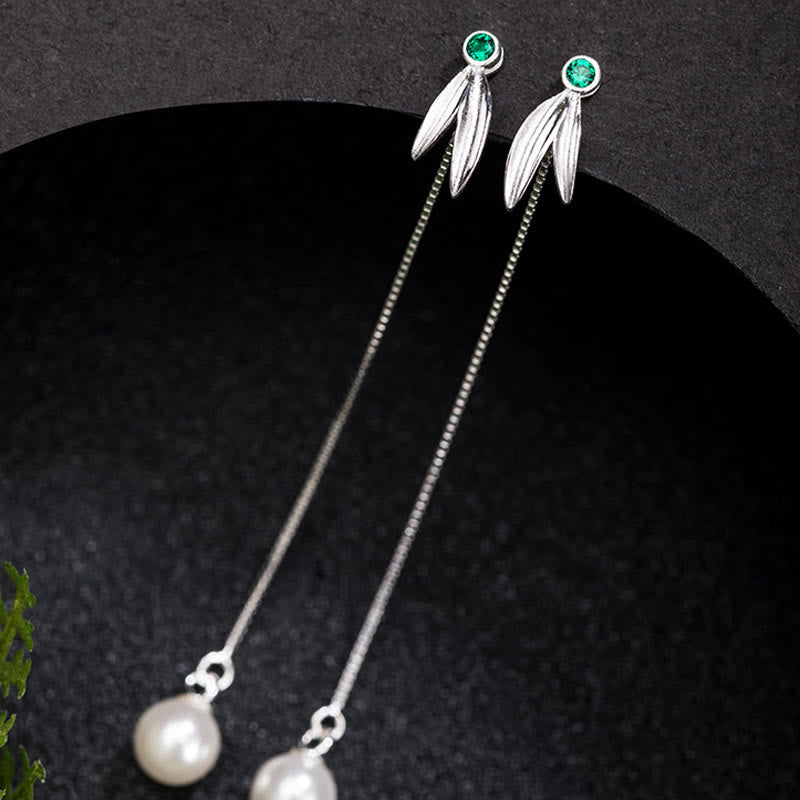 Fortune Jewel 925 Sterling Silver Zircon Pearl Bamboo Leaves Protection Drop Earrings