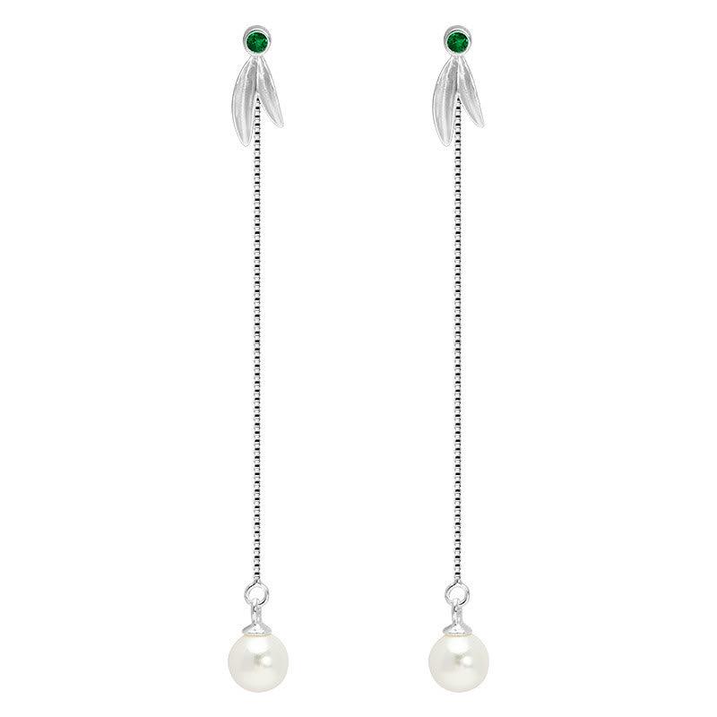 Fortune Jewel 925 Sterling Silver Zircon Pearl Bamboo Leaves Protection Drop Earrings