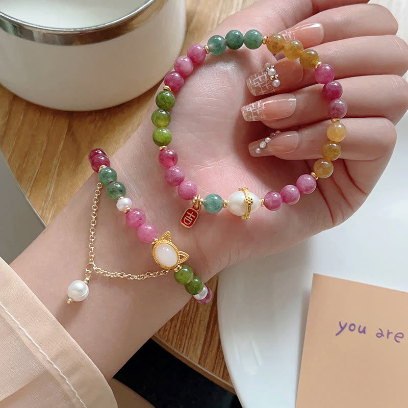 Fortune Jewel Colorful Tourmaline Lucky Cat Positive Bracelet