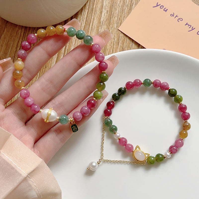 Fortune Jewel Colorful Tourmaline Lucky Cat Positive Bracelet
