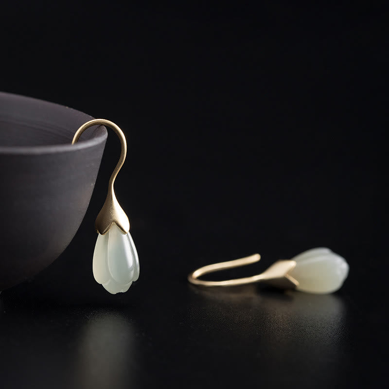 Fortune Jewel 925 Sterling Silver Hetian Jade Magnolia Abundance Drop Earrings