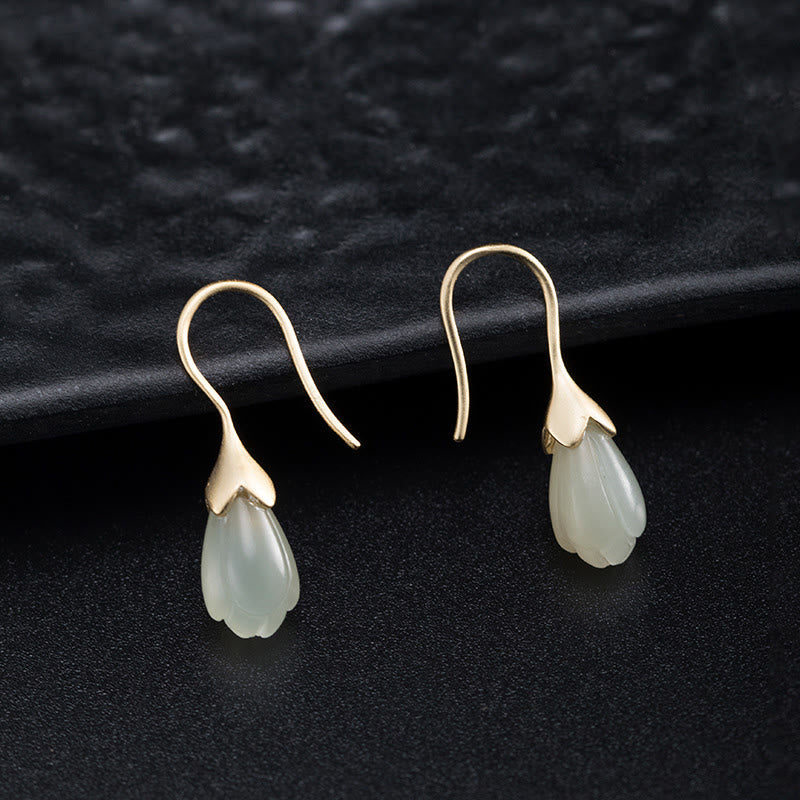 Fortune Jewel 925 Sterling Silver Hetian Jade Magnolia Abundance Drop Earrings