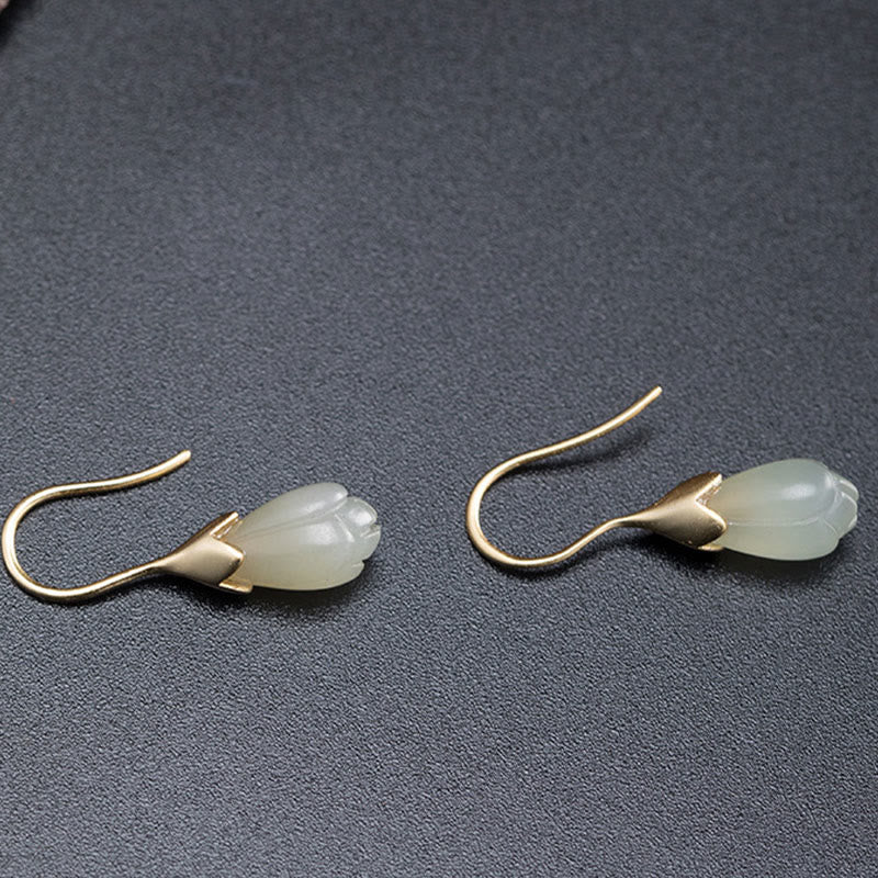 Fortune Jewel 925 Sterling Silver Hetian Jade Magnolia Abundance Drop Earrings