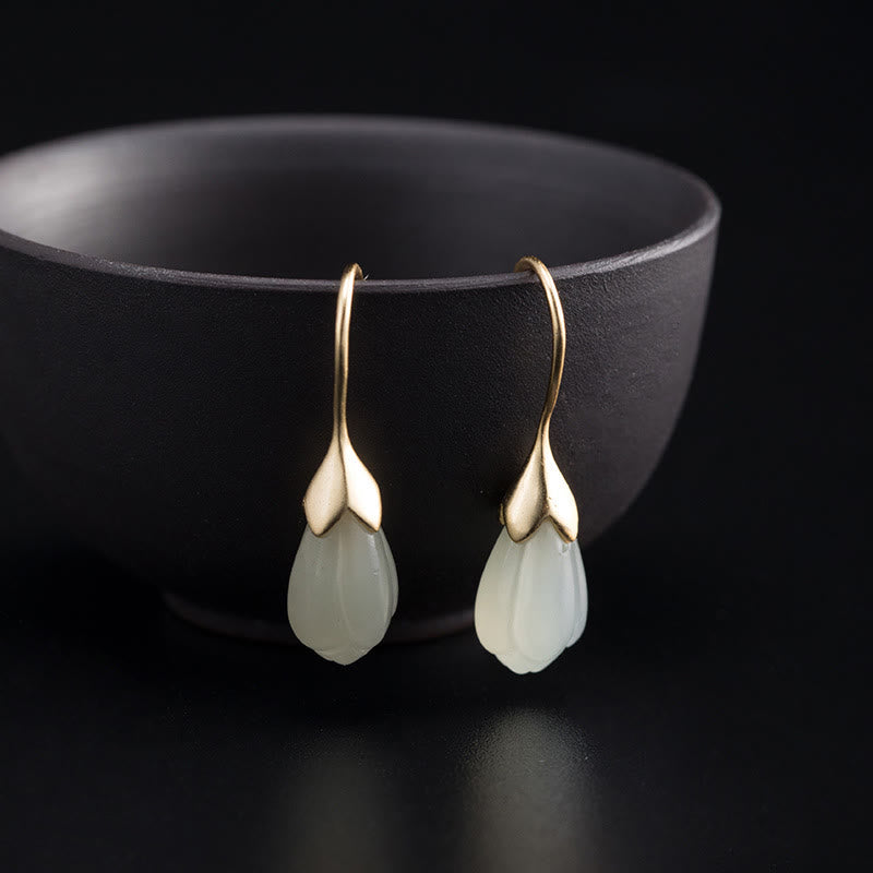 Fortune Jewel 925 Sterling Silver Hetian Jade Magnolia Abundance Drop Earrings