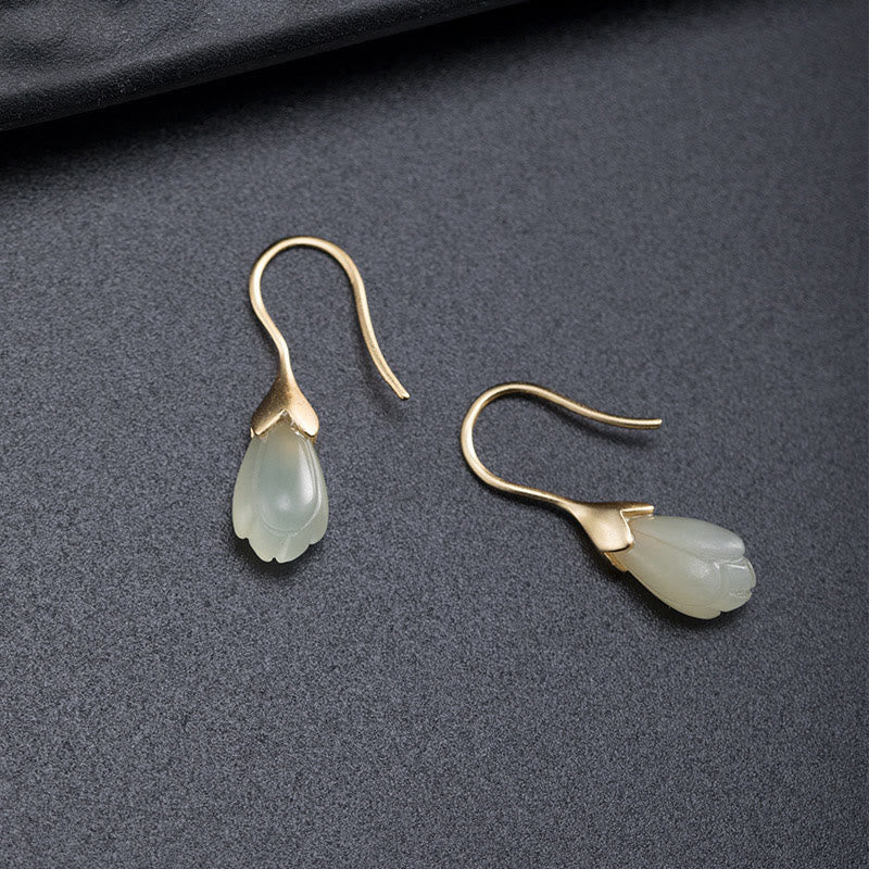 Fortune Jewel 925 Sterling Silver Hetian Jade Magnolia Abundance Drop Earrings