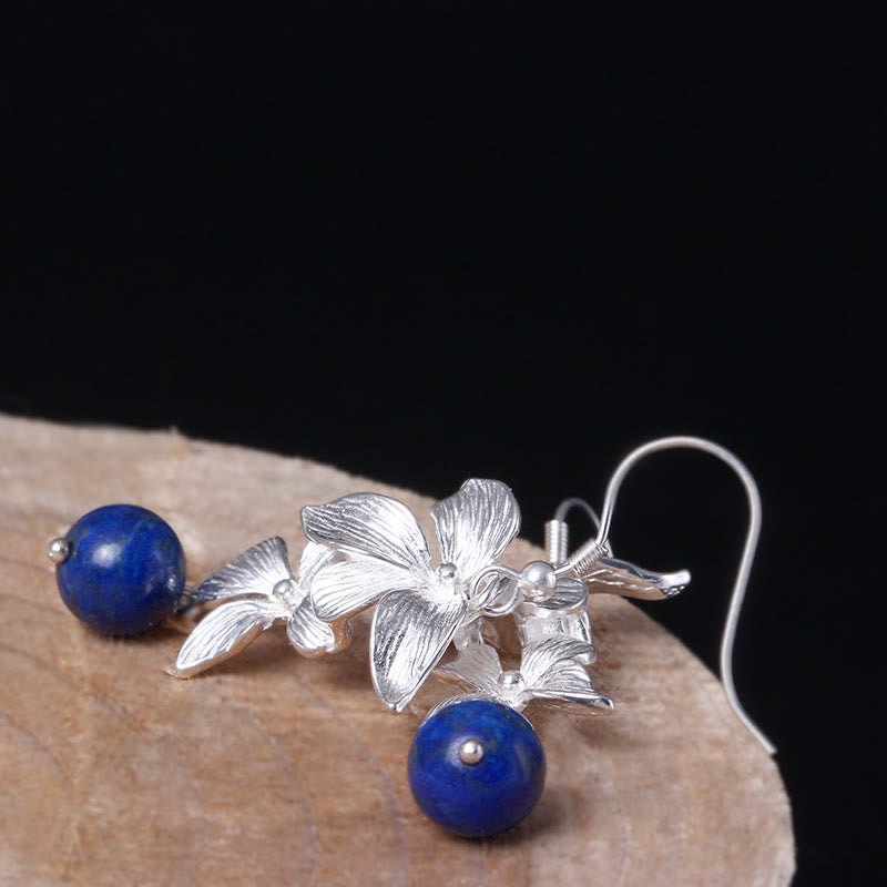 Fortune Jewel 925 Sterling Silver Lazurite Ethnic Style Flower Positive Drop Earrings