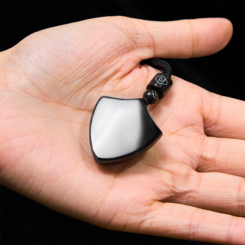 Fortune Jewel Black Obsidian Shield Pattern Yin Yang Symbol Strength Necklace Pendant