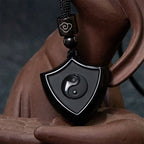 Fortune Jewel Black Obsidian Shield Pattern Yin Yang Symbol Strength Necklace Pendant