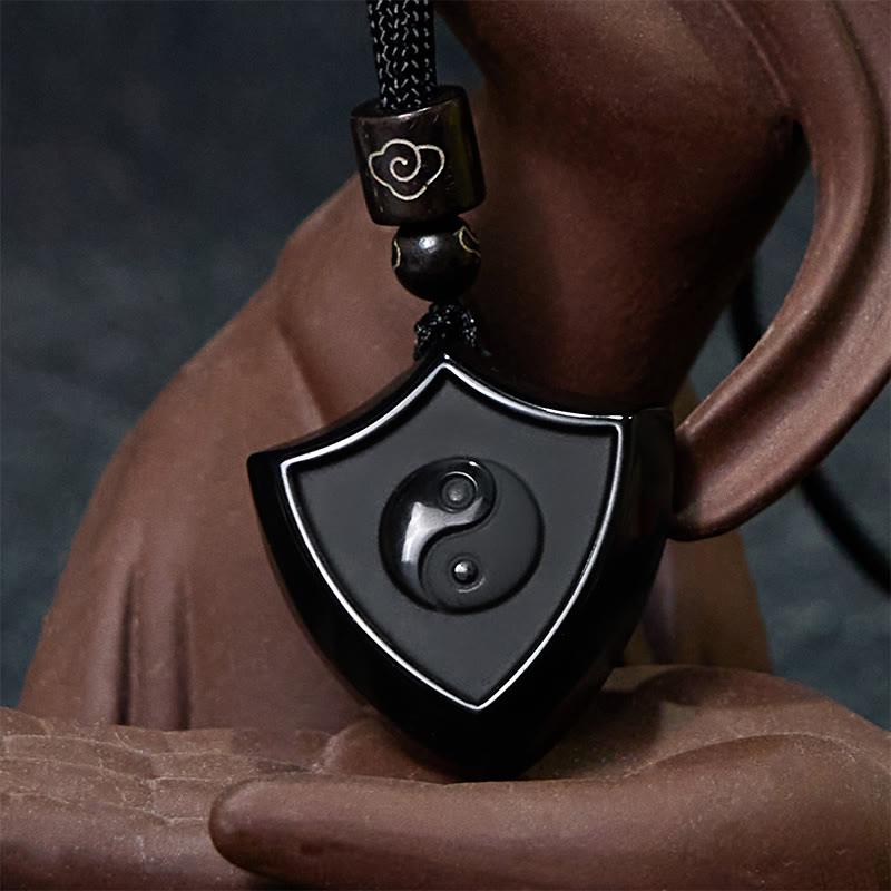 Fortune Jewel Black Obsidian Shield Pattern Yin Yang Symbol Strength Necklace Pendant