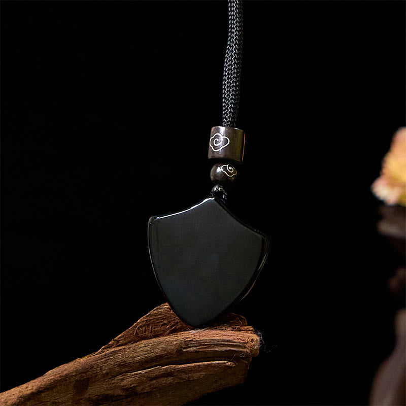 Fortune Jewel Black Obsidian Shield Pattern Yin Yang Symbol Strength Necklace Pendant