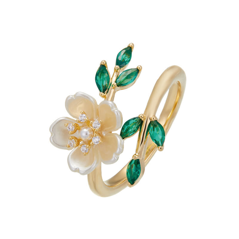 Fortune Jewel Pearl Flower Zircon Leaves Happiness Wealth Adjustable Ring