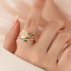 Fortune Jewel Pearl Flower Zircon Leaves Happiness Wealth Adjustable Ring