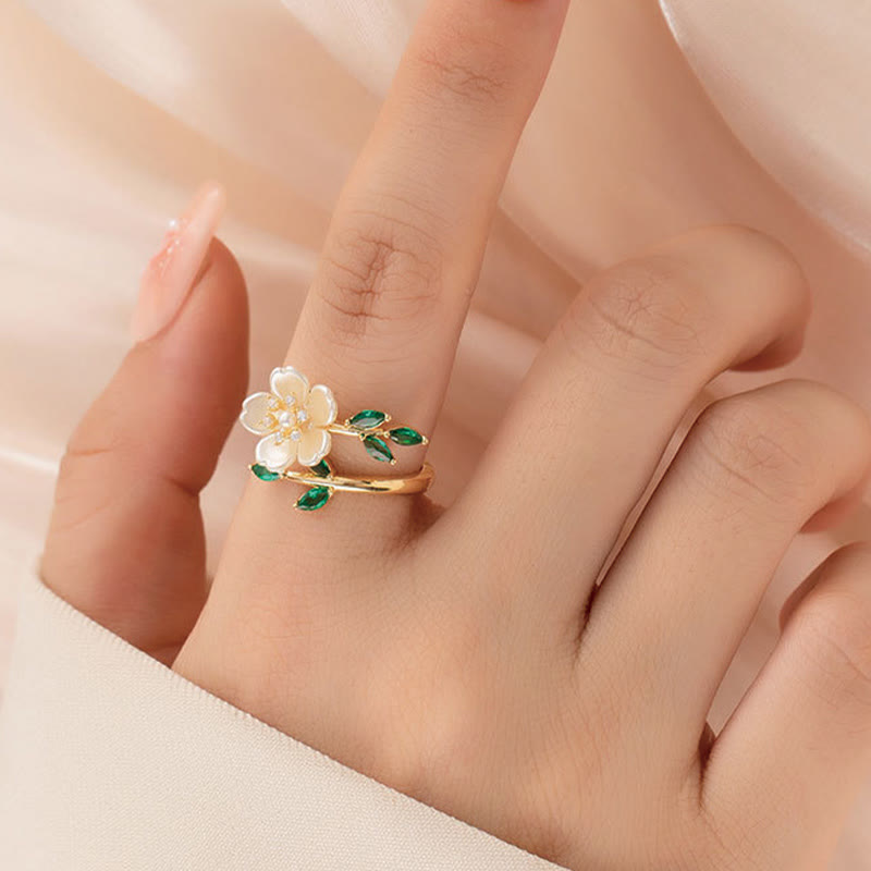 Fortune Jewel Pearl Flower Zircon Leaves Happiness Wealth Adjustable Ring