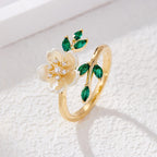 Fortune Jewel Pearl Flower Zircon Leaves Happiness Wealth Adjustable Ring