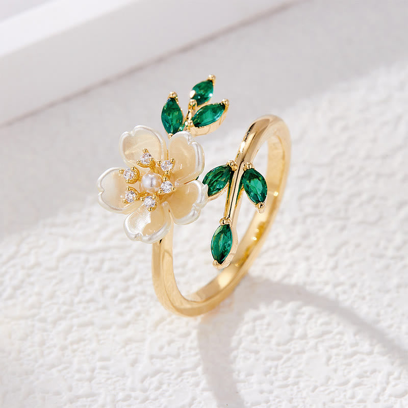 Fortune Jewel Pearl Flower Zircon Leaves Happiness Wealth Adjustable Ring