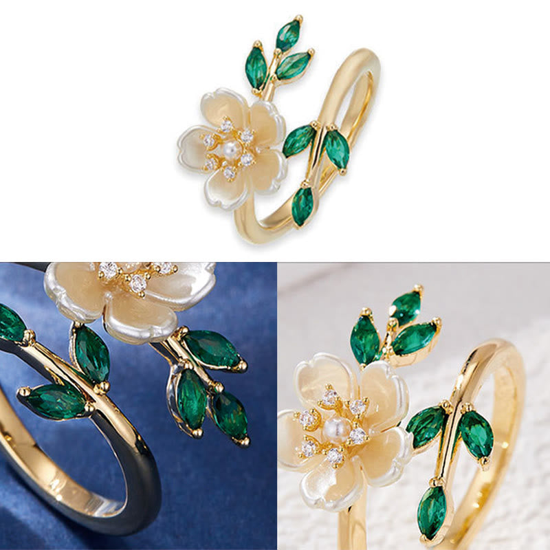 Fortune Jewel Pearl Flower Zircon Leaves Happiness Wealth Adjustable Ring