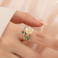 Fortune Jewel Pearl Flower Zircon Leaves Happiness Wealth Adjustable Ring