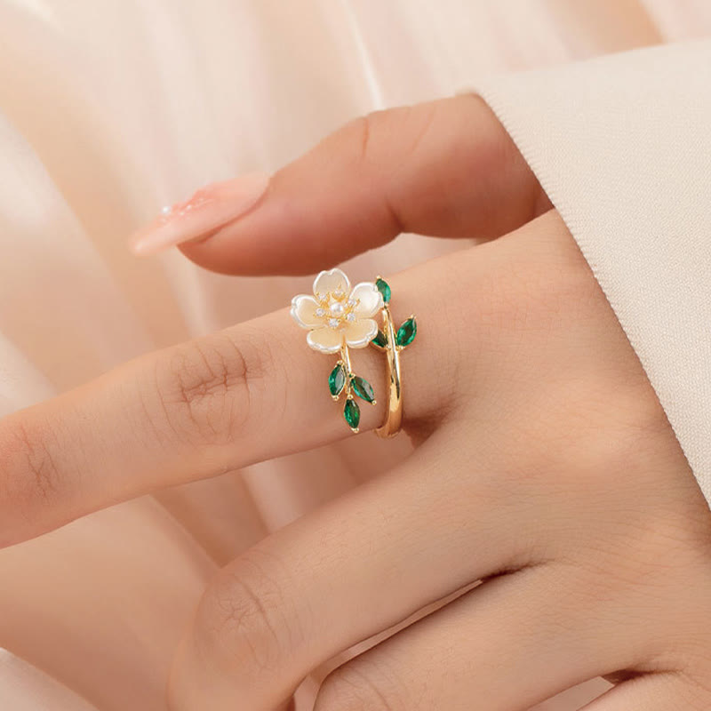 Fortune Jewel Pearl Flower Zircon Leaves Happiness Wealth Adjustable Ring