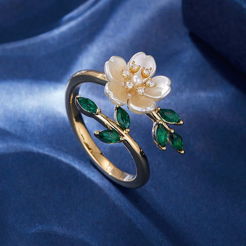 Fortune Jewel Pearl Flower Zircon Leaves Happiness Wealth Adjustable Ring