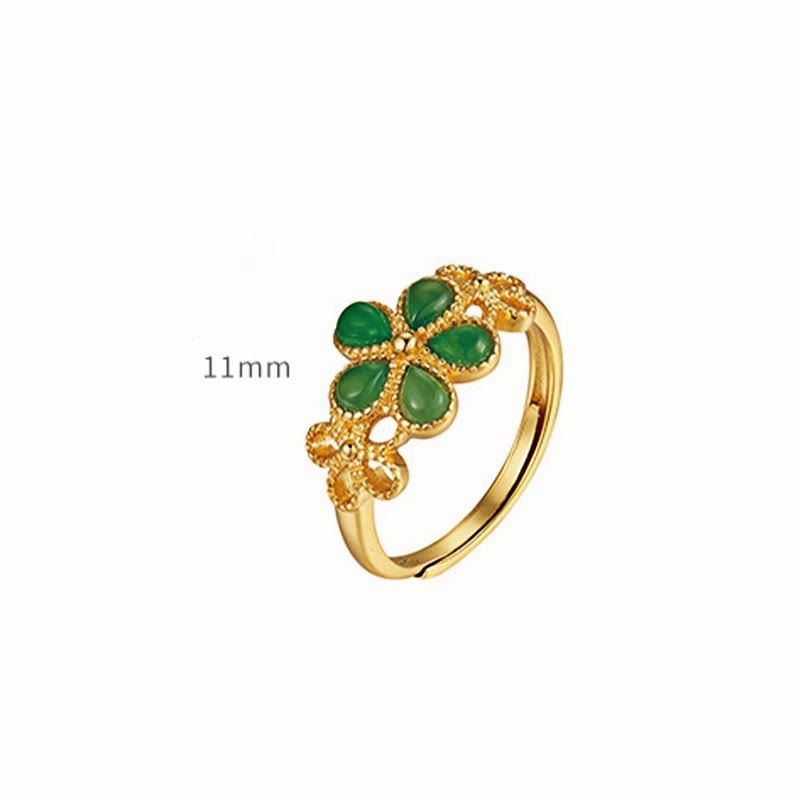 Fortune Jewel Natural Hetian Jade 925 Sterling Silver Plated Gold Flower Adjustable Prosperity Ring