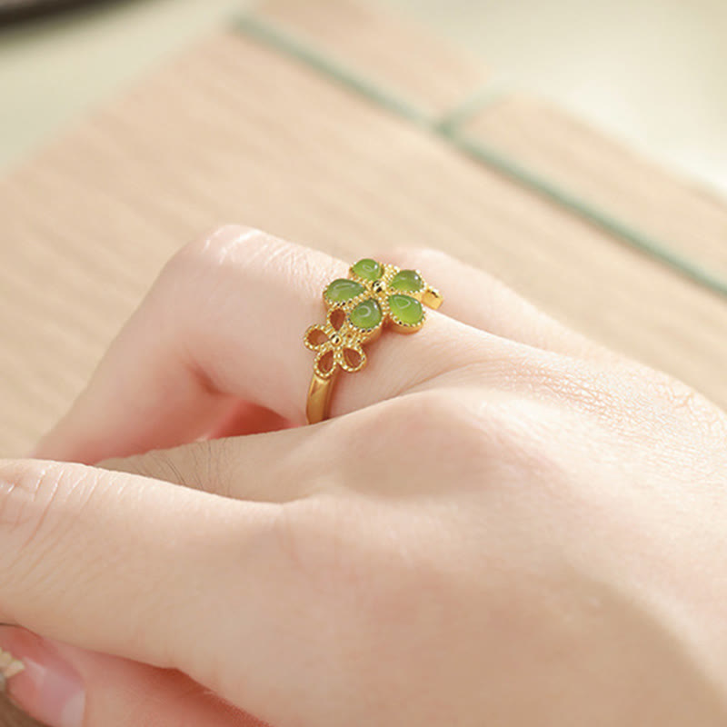 Fortune Jewel Natural Hetian Jade 925 Sterling Silver Plated Gold Flower Adjustable Prosperity Ring