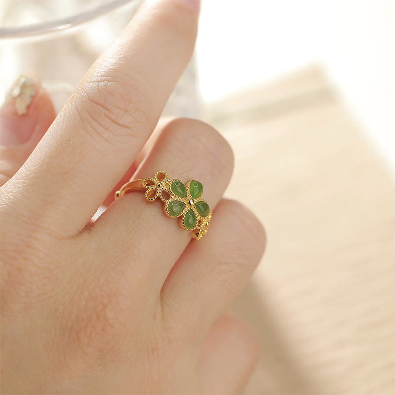Fortune Jewel Natural Hetian Jade 925 Sterling Silver Plated Gold Flower Adjustable Prosperity Ring