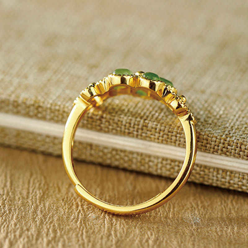 Fortune Jewel Natural Hetian Jade 925 Sterling Silver Plated Gold Flower Adjustable Prosperity Ring