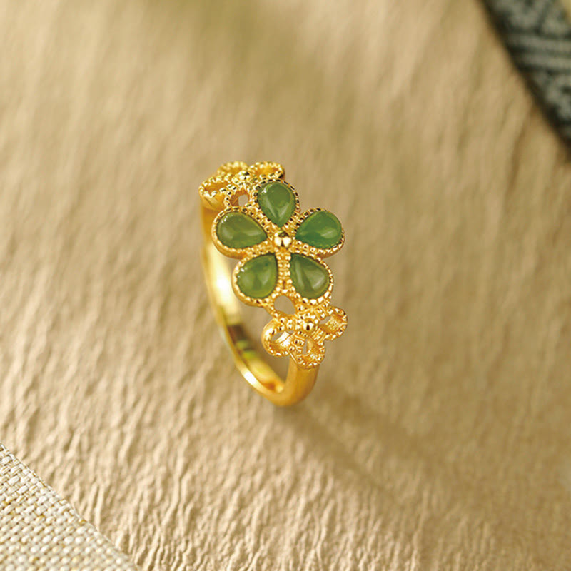 Fortune Jewel Natural Hetian Jade 925 Sterling Silver Plated Gold Flower Adjustable Prosperity Ring