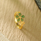 Fortune Jewel Natural Hetian Jade 925 Sterling Silver Plated Gold Flower Adjustable Prosperity Ring